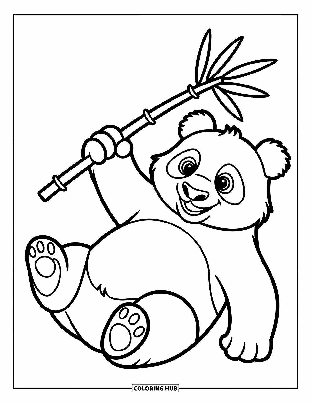 Disegno di panda da colorare per bambini: Un panda giocherellone giace sulla schiena, tenendo un germoglio di bambù con una zampa