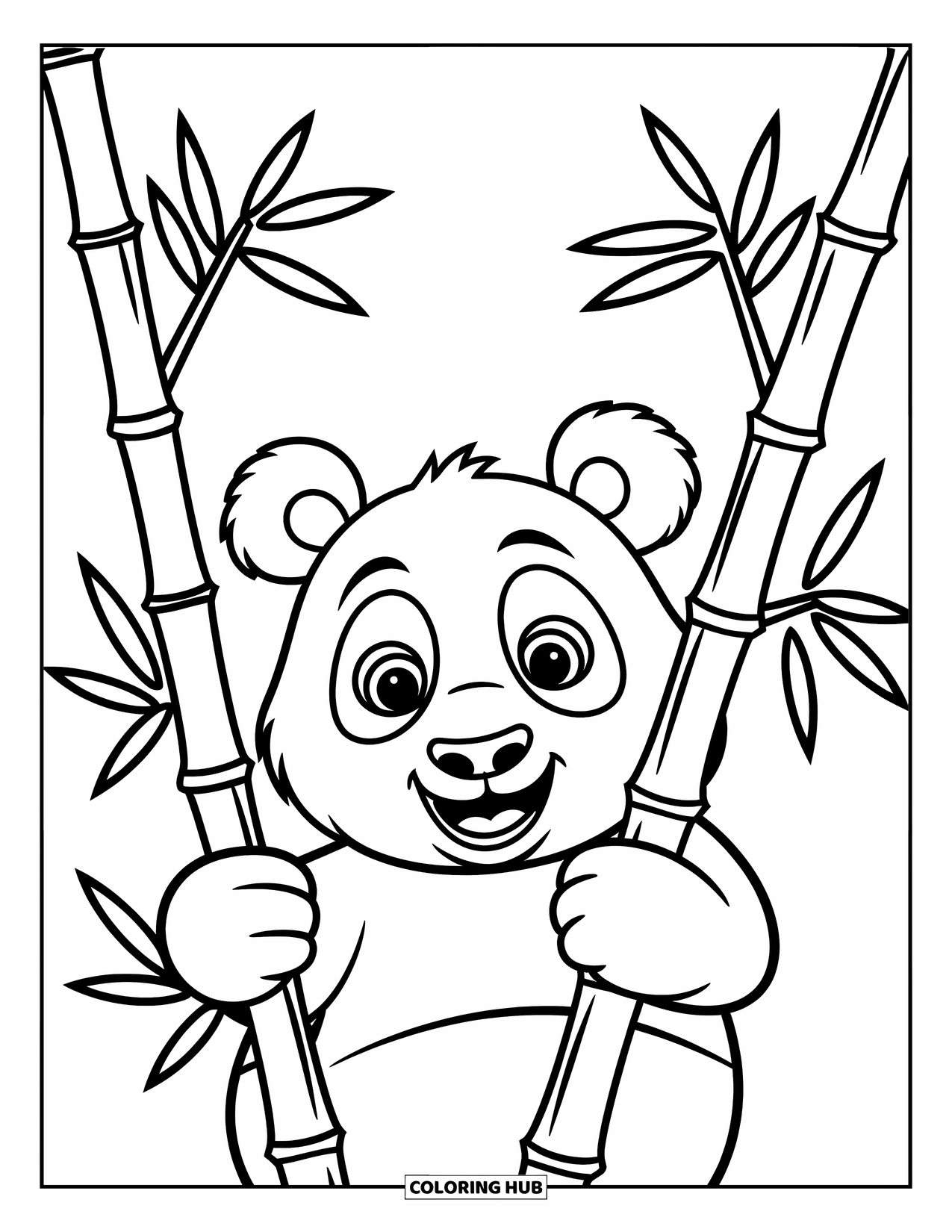 Disegno di un panda da colorare per bambini: Un panda giocoso sbircia da dietro un alto gambo di bambù, i suoi occhi pieni di meraviglia