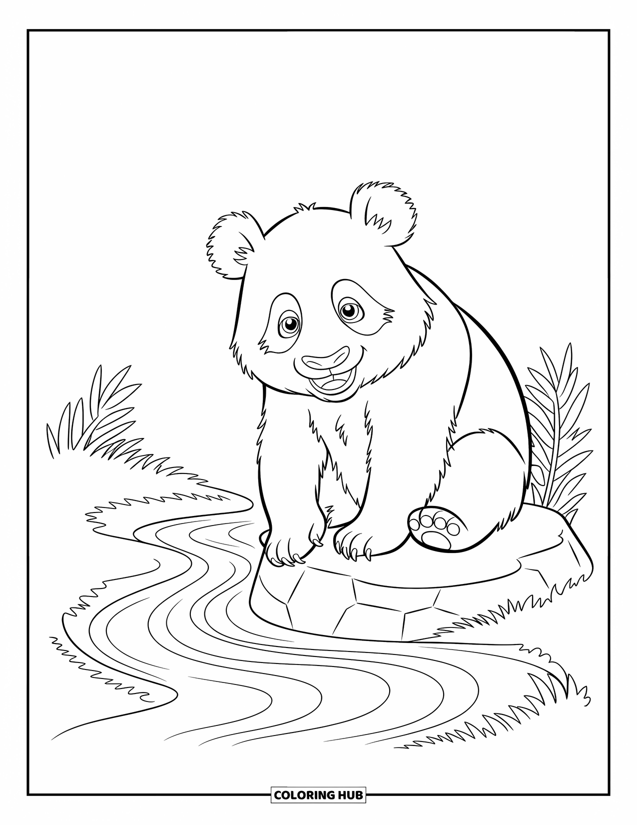 Disegno di un panda da colorare per bambini: Un panda giocoso siede vicino a un ruscello, toccando delicatamente l'acqua con la sua zampa