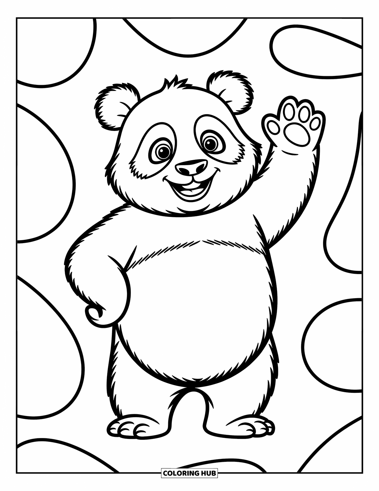 Disegno di panda da colorare per bambini: Un panda giocherellone saluta eccitato, in piedi sulle zampe posteriori con un grande sorriso