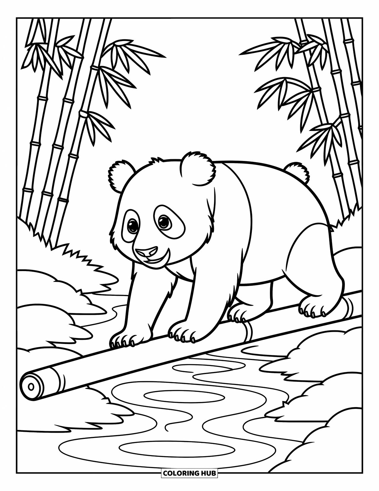 Disegno di panda da colorare per bambini: Un panda giocherellone barcolla su un tronco sottile, tentando di attraversare un ruscello che scorre