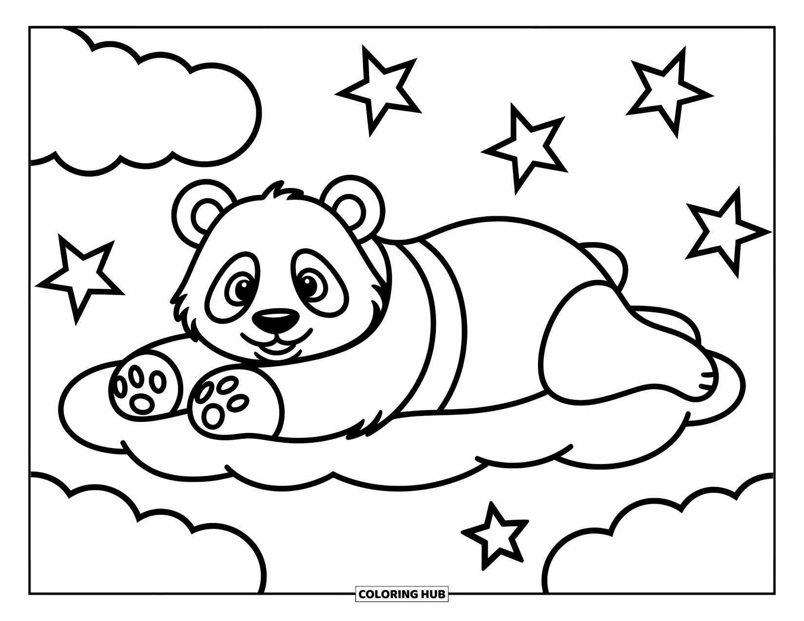 Disegno di panda da colorare per bambini: Un panda rilassato si rilassa su una nuvola soffice, con le zampe distese in una posa sognante e tranquilla