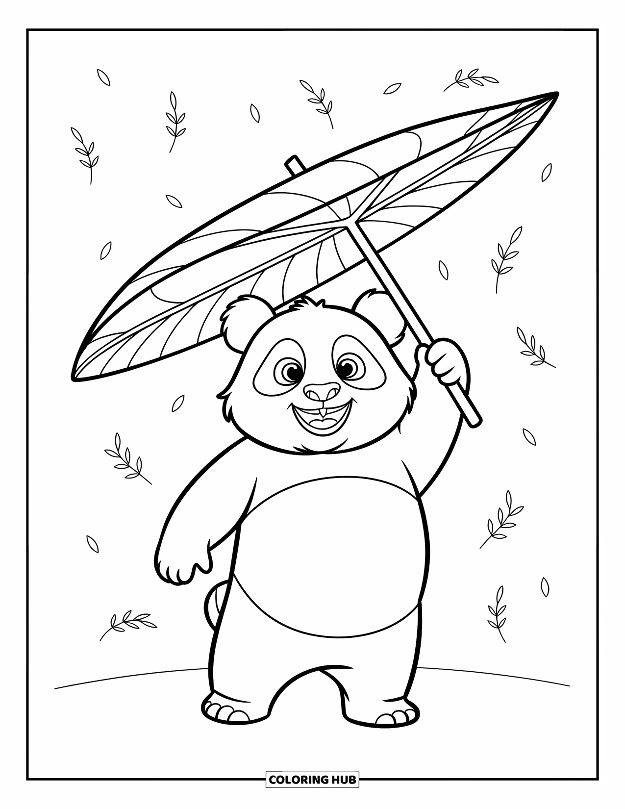 Disegno di un panda da colorare per bambini: Un piccolo panda tiene gioiosamente una foglia gigante sopra la sua testa come un ombrello