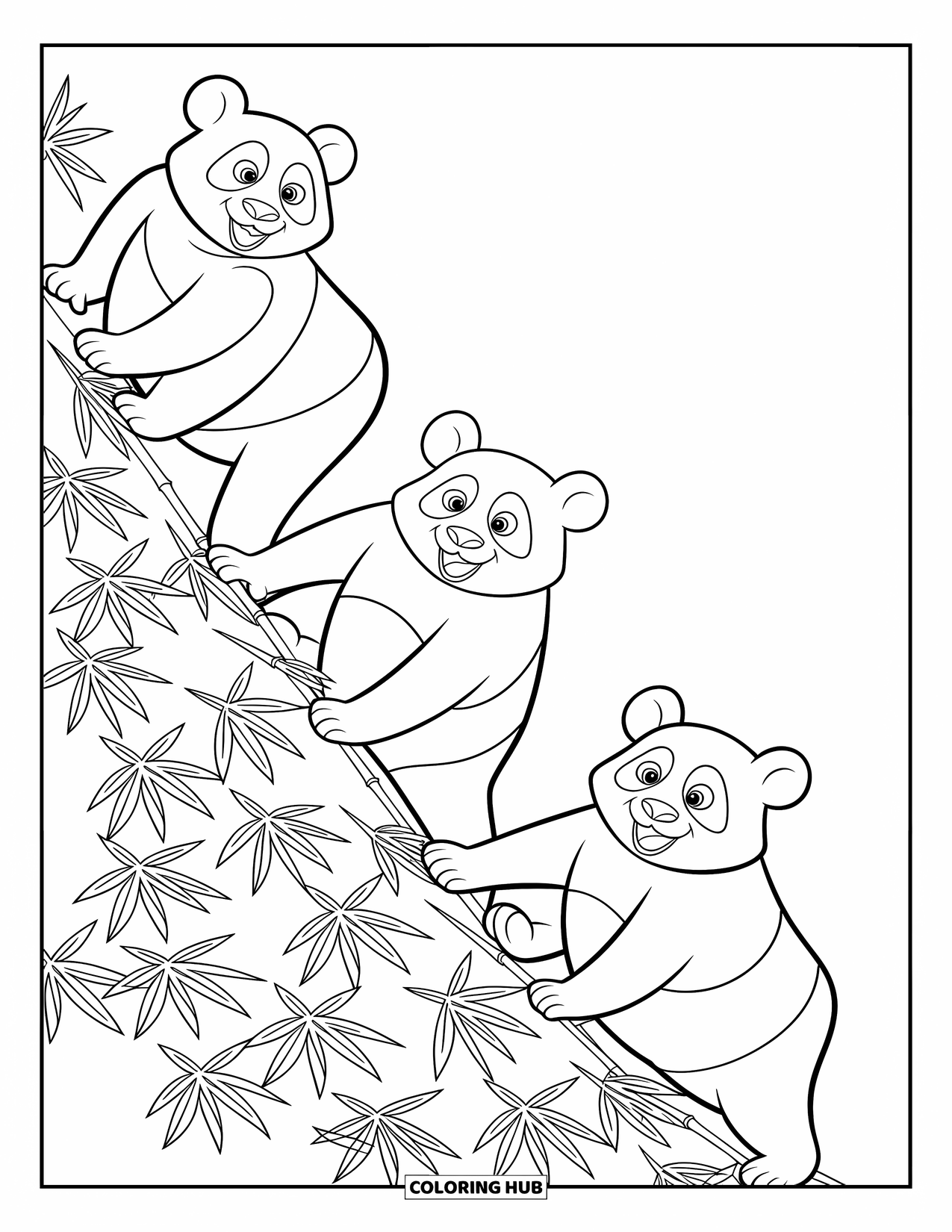 Disegno di un panda da colorare per bambini: Tre panda salgono su una ripida collina, afferrando gambi di bambù mentre le foglie svolazzano intorno a loro