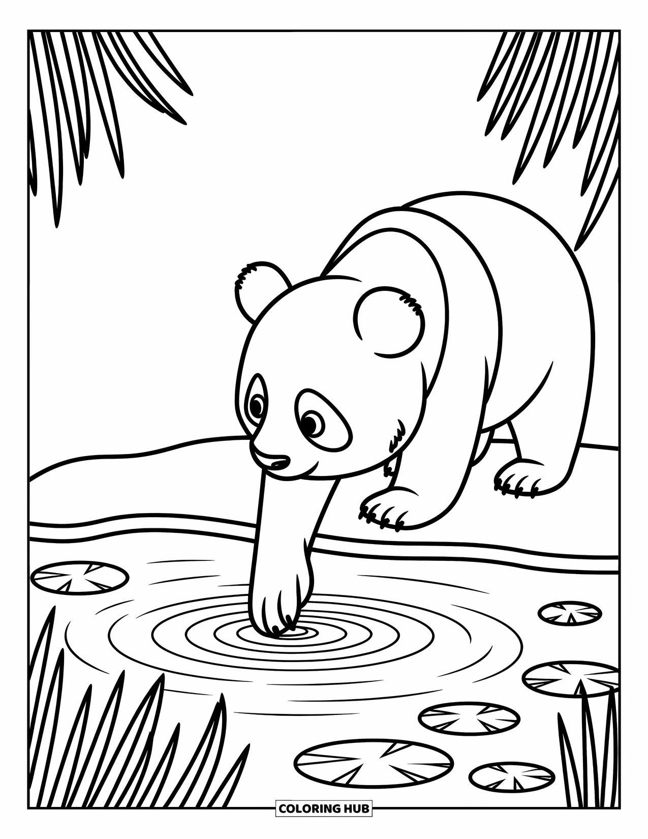 Disegno di panda da colorare per bambini: Tre panda scalano una ripida collina, le loro espressioni determinate incorniciate da foglie di bambù ondeggianti