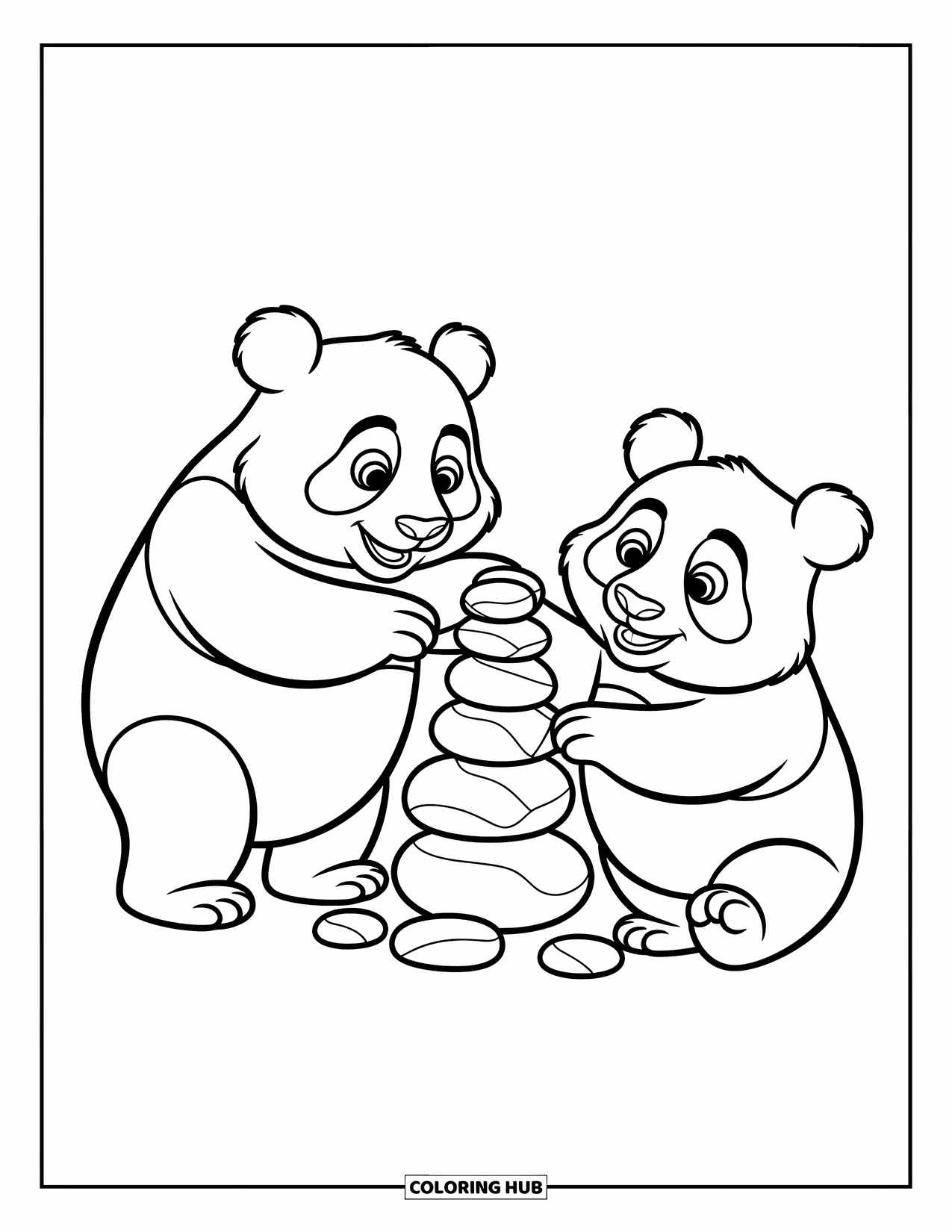 Disegno di panda da colorare per bambini: Due panda costruiscono una piccola torre di roccia, circondati da ciottoli sparsi e stravaganti foglie di bambù