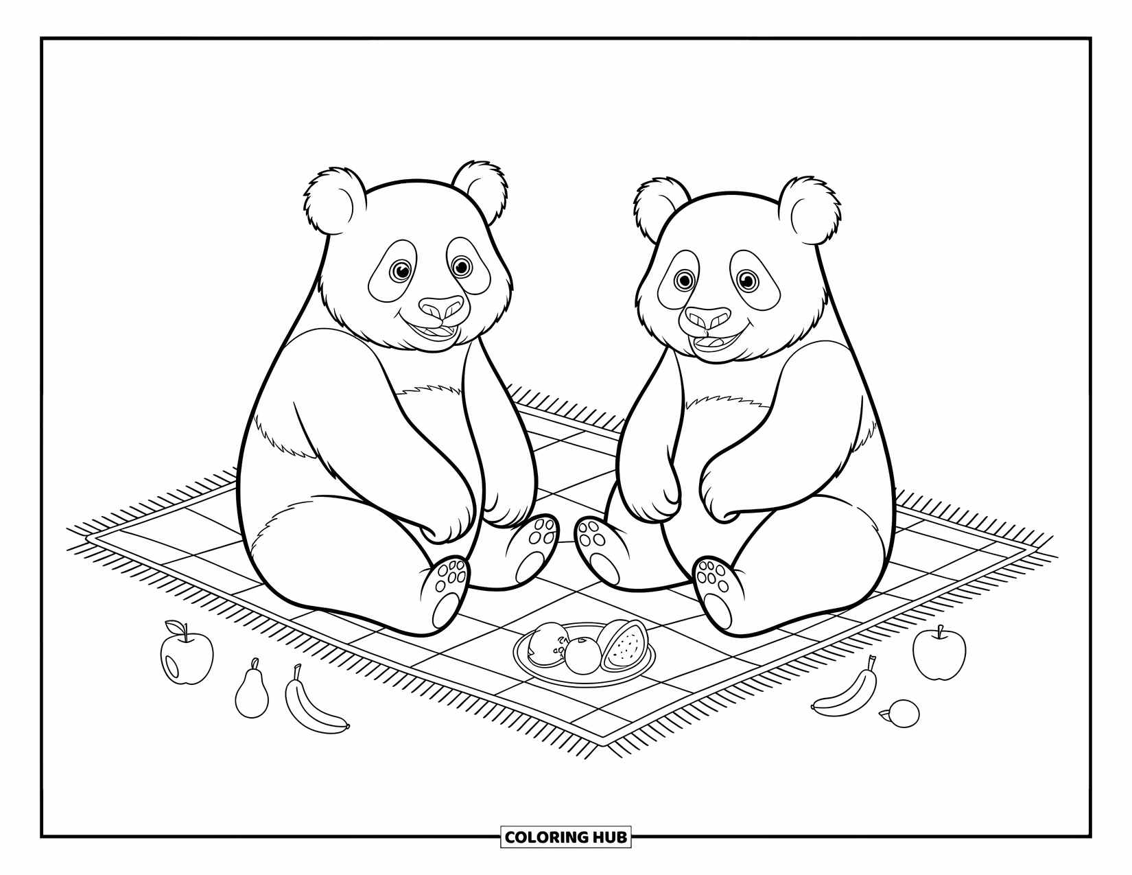 Disegno di panda da colorare per bambini: Due panda si godono un picnic, le loro espressioni giocose circondate da mele e frutti di bosco