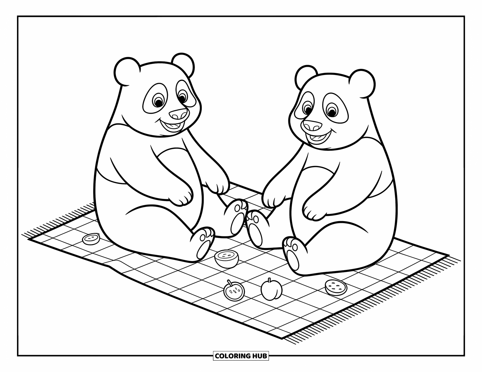 Disegno di panda da colorare per bambini: Due panda siedono su una coperta da picnic, circondati da frutta sparsa in una scena affascinante