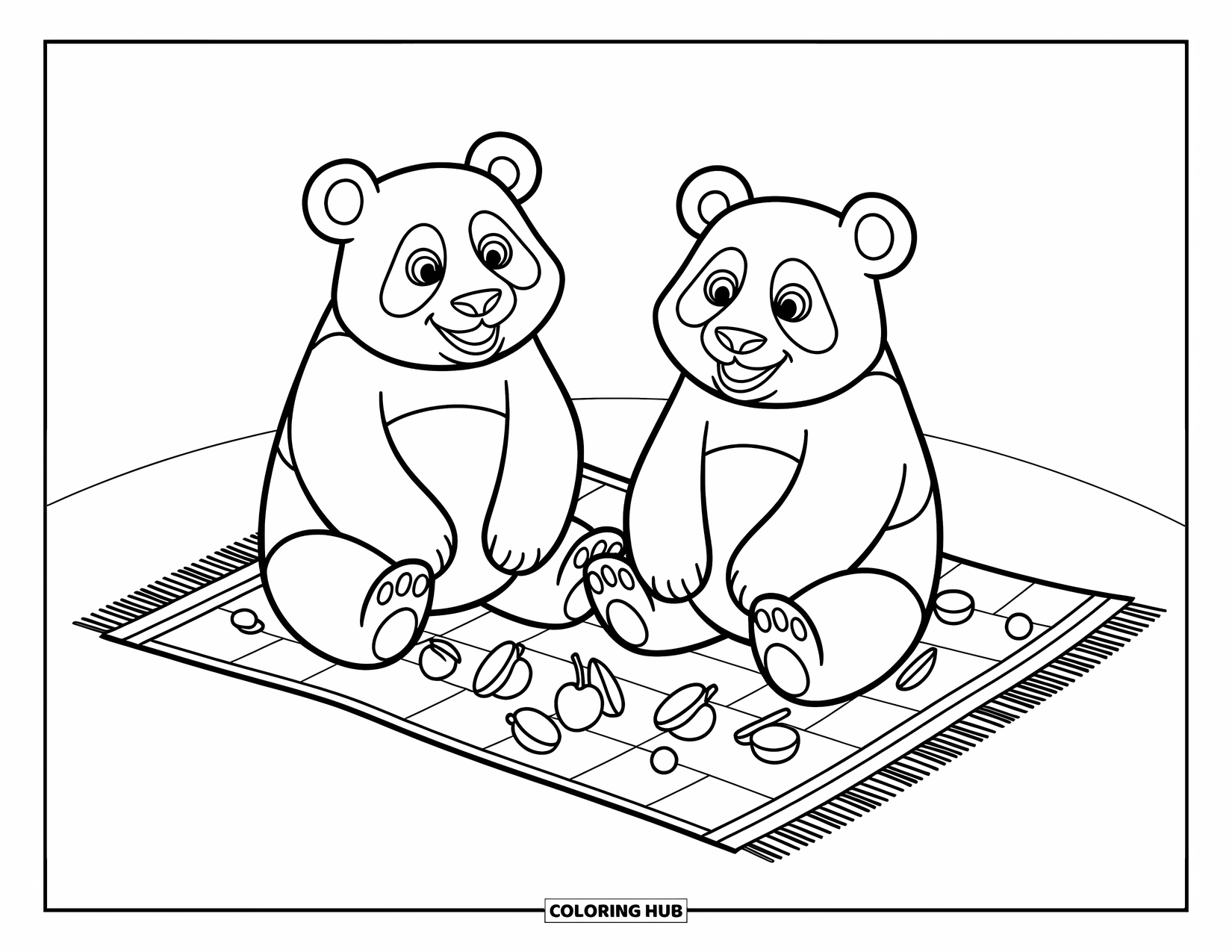 Disegno di un panda da colorare per bambini: Due panda siedono su una coperta da picnic, circondati da frutta sparsa in una scena giocosa