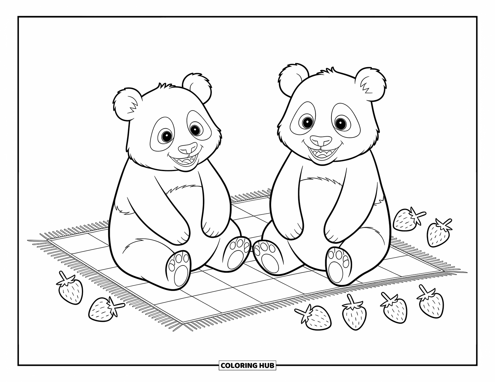 Disegno di panda da colorare per bambini: Due panda siedono insieme su una coperta, esplorando curiosamente un assortimento di frutta