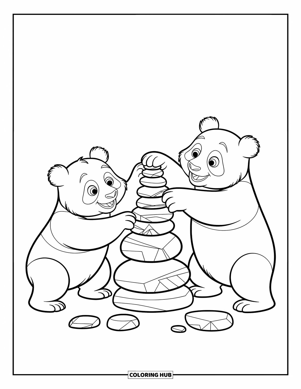 Disegno di un panda da colorare per bambini: Due panda impilano rocce con concentrazione giocosa, il loro attento equilibrio crea una scena affascinante e pacifica