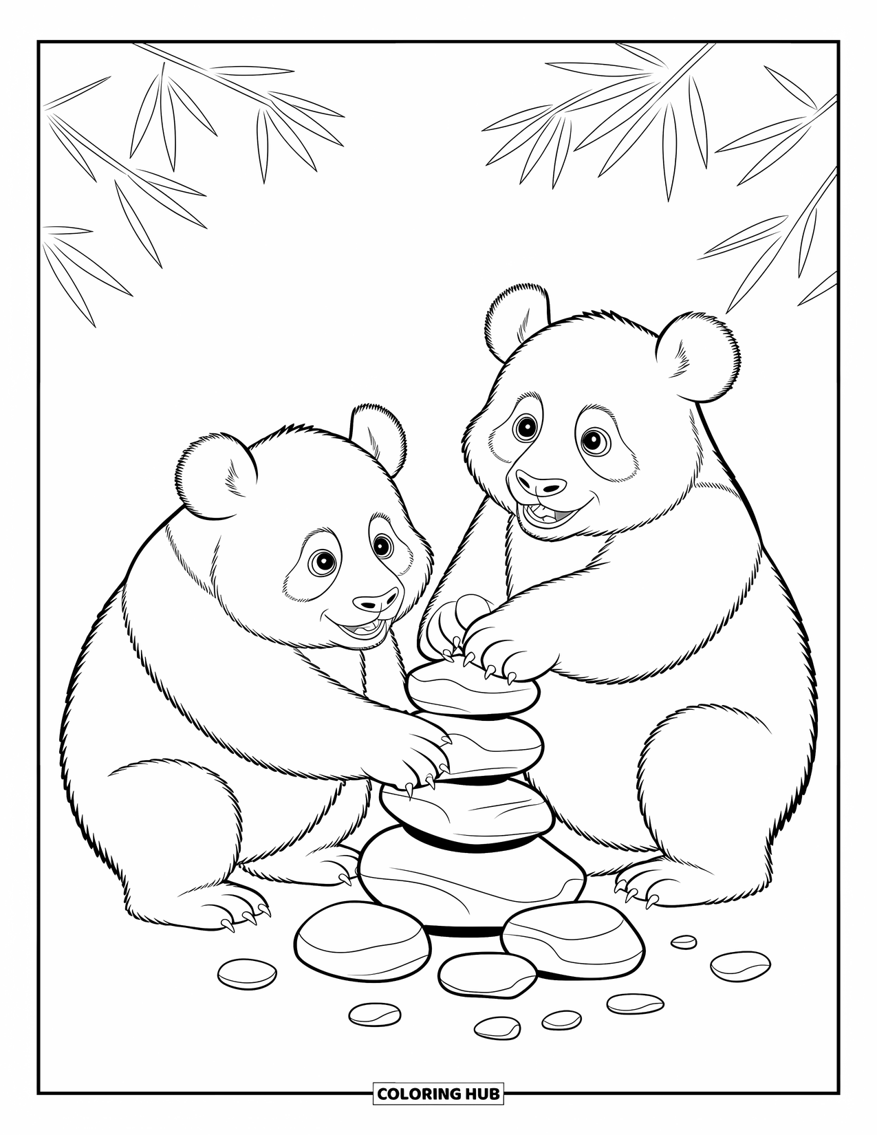 Disegno di un panda da colorare per bambini: Due panda giocosi si concentrano sull'impilare rocce, le loro espressioni mostrano lavoro di squadra e determinazione