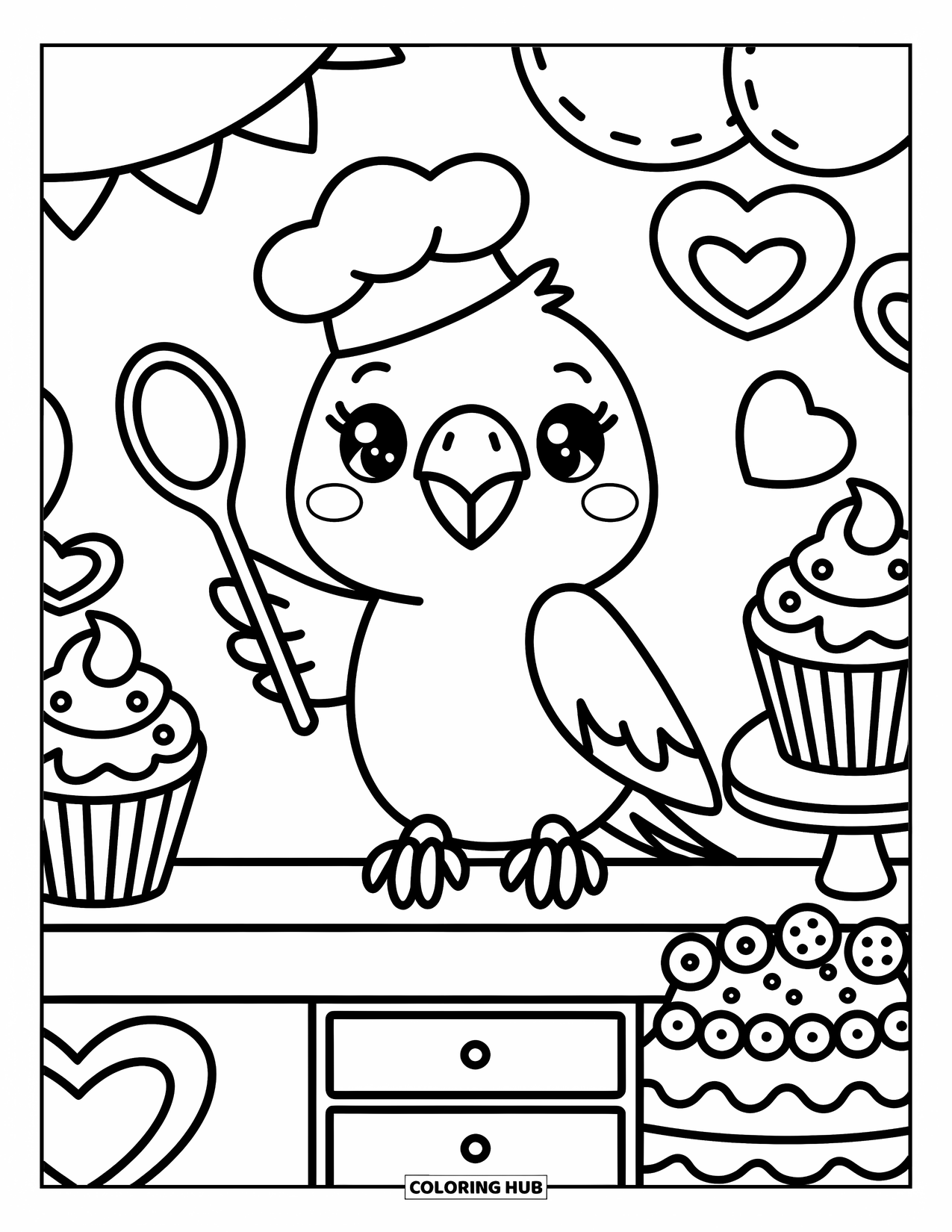 Dibujo de loro para colorear para adultos: Un loro horneando sostiene una cuchara de madera cerca de cupcakes, galletas y un pequeño pastel