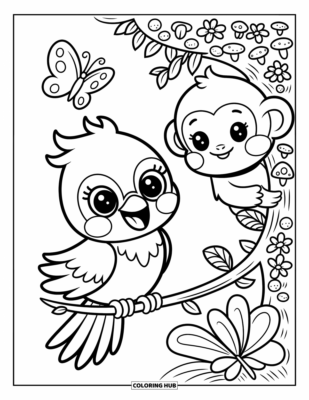 Dibujo de loro para colorear para adultos: Un loro alegre esponja sus plumas mientras un mono asoma por detrás de un árbol