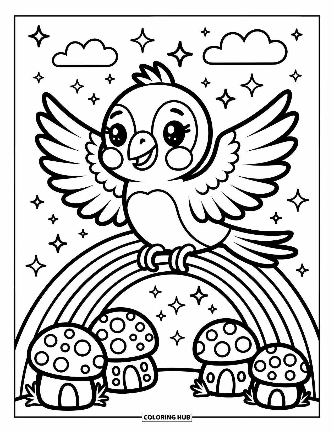 Dibujo para colorear de loro para adultos: Un alegre loro se desliza sobre un puente de arcoíris, mirando casitas de hongos