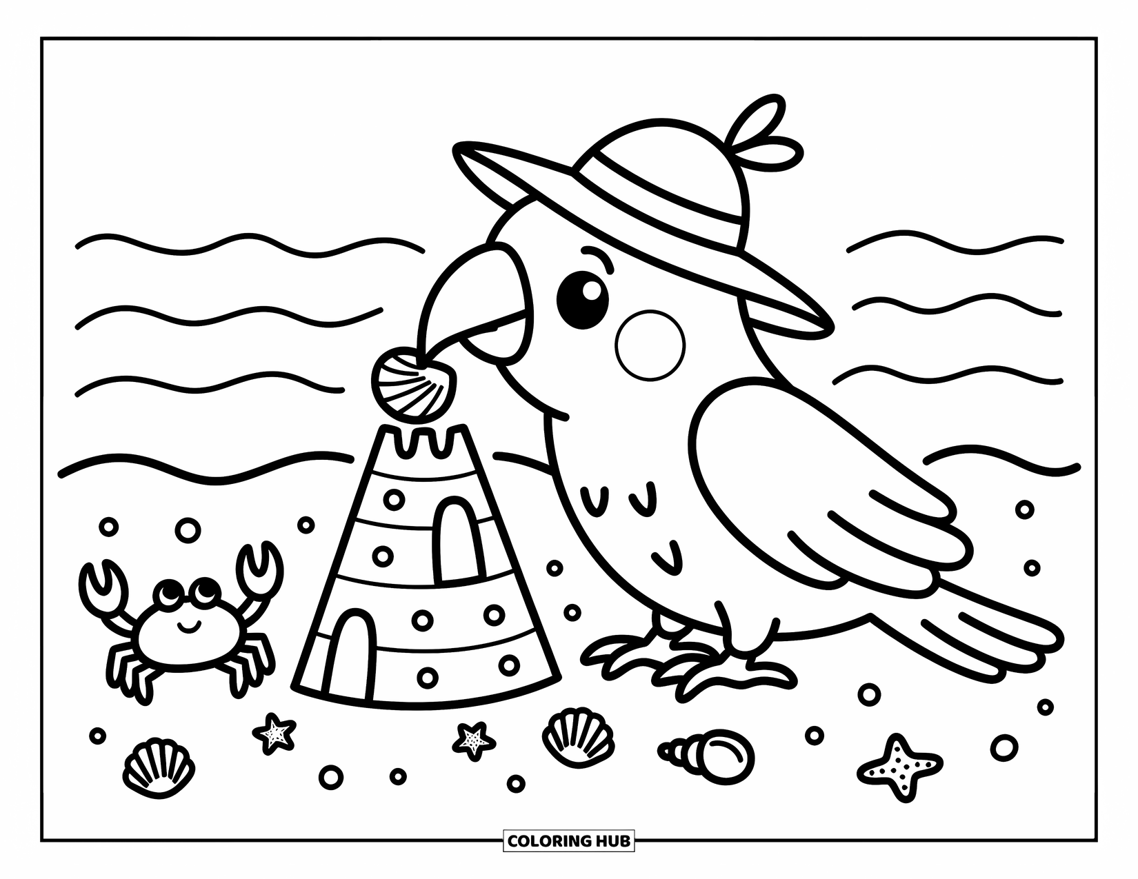 Dibujo para colorear de loro para adultos: Un alegre loro con un sombrero para el sol construye un castillo de arena mientras un cangrejo observa