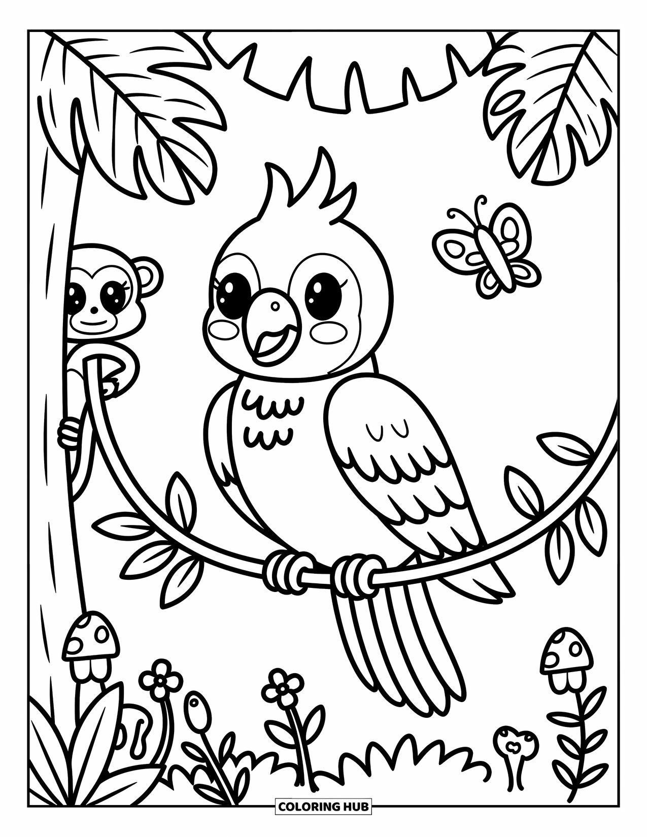 Dibujo para colorear de loro para adultos: Un alegre loro se posa en una enredadera frondosa mientras un mono asoma desde un árbol