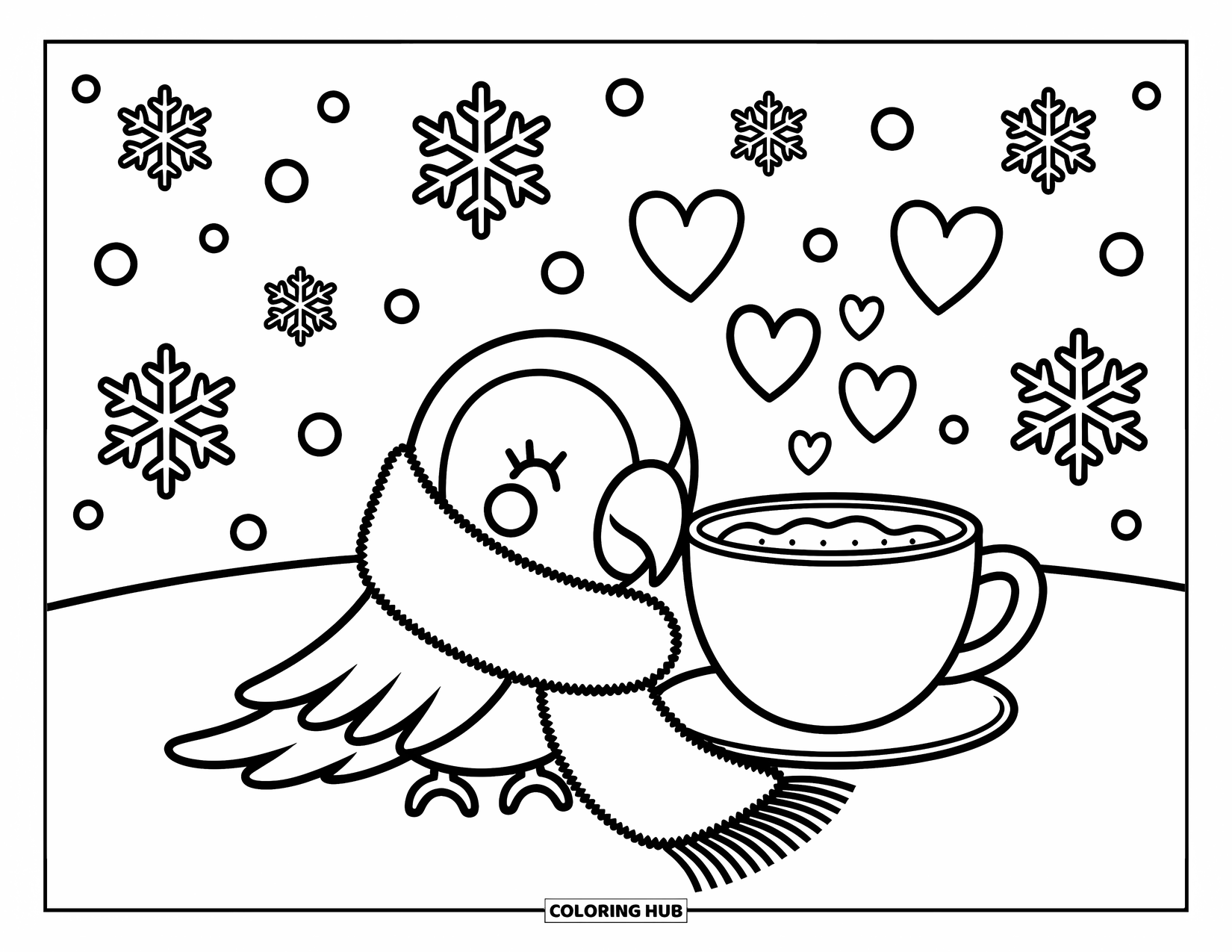 Dibujo de loro para colorear para adultos: Un loro acogedor envuelto en una bufanda esponjosa disfruta de una taza caliente de cacao