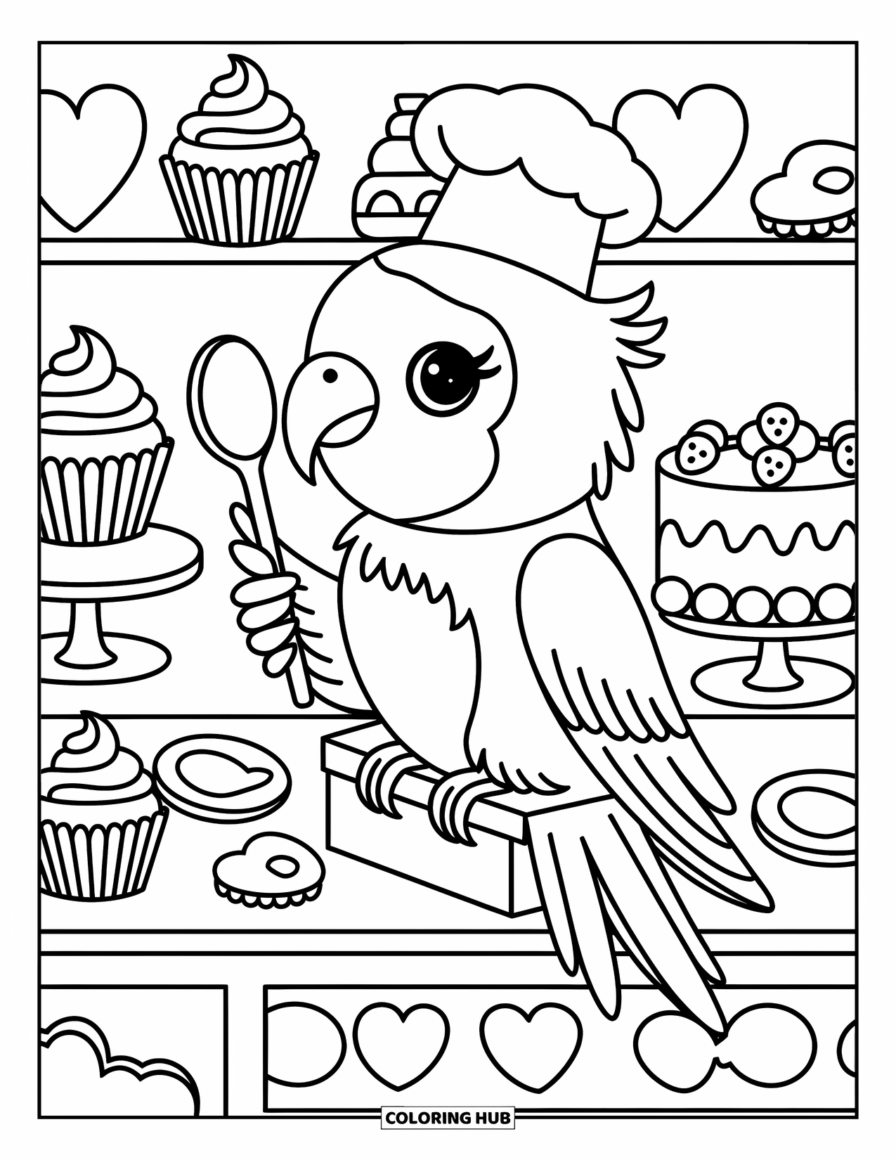 Dibujo de loro para colorear para adultos: Un loro lindo con un gorro de chef revuelve una pequeña cuchara en una panadería caprichosa