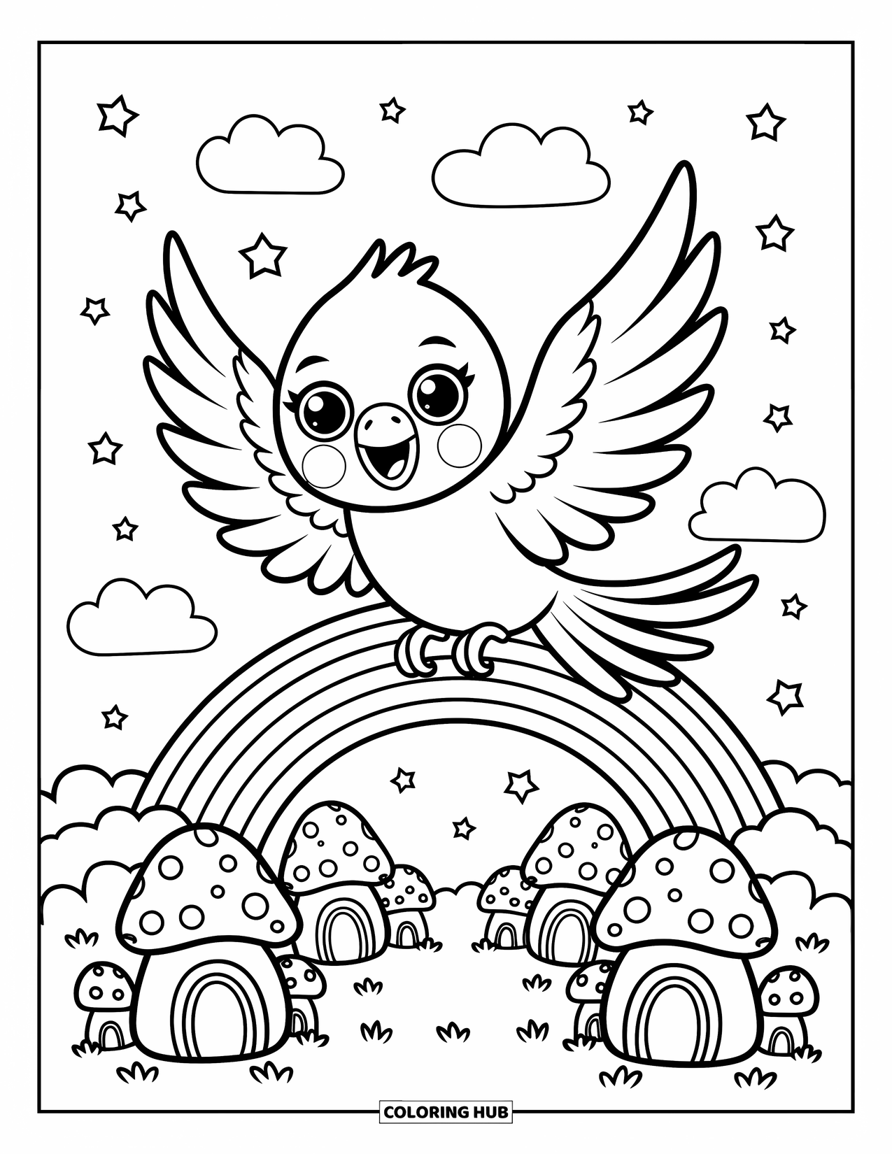 Dibujo de loro para colorear para adultos: Un loro feliz revolotea sobre un puente de arcoíris, rodeado de nubes de ensueño