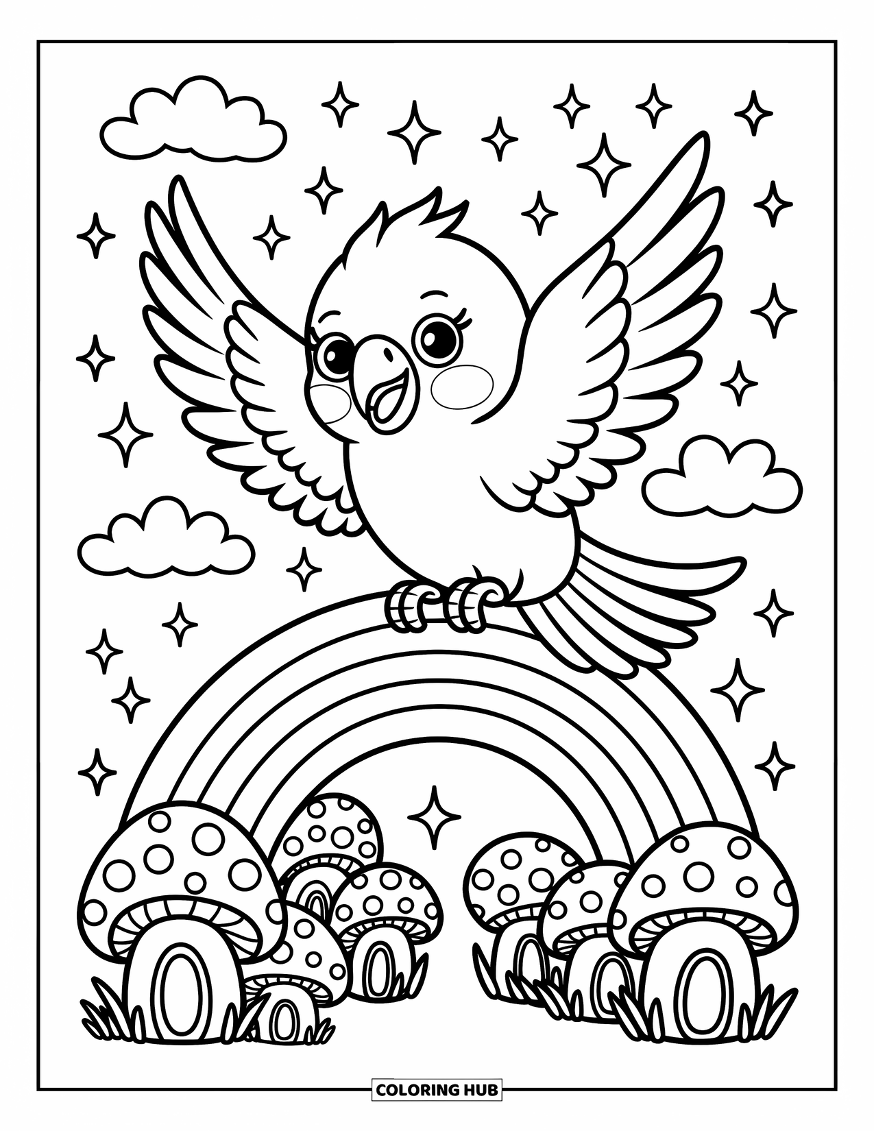 Dibujo de loro para colorear para adultos: Un loro alegre revolotea sobre un puente de arcoíris sobre un pueblo de casas de hongos