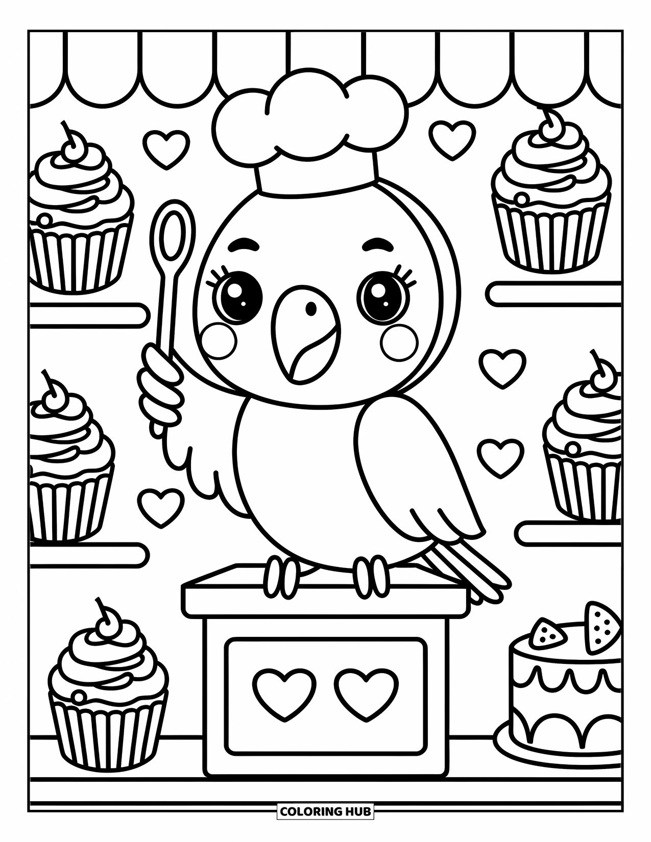 Dibujo para colorear de loro para adultos: Un pequeño loro en una panadería lleva un gorro de chef mientras está rodeado de dulces