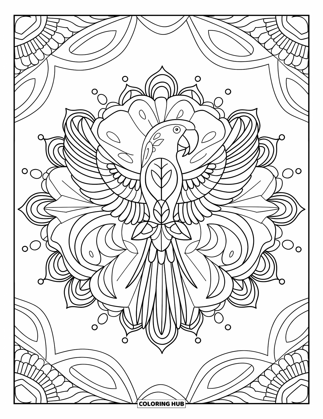Dibujo para colorear de loro para adultos: Un mandala con un loro en su centro, sosteniendo una flor en su pico