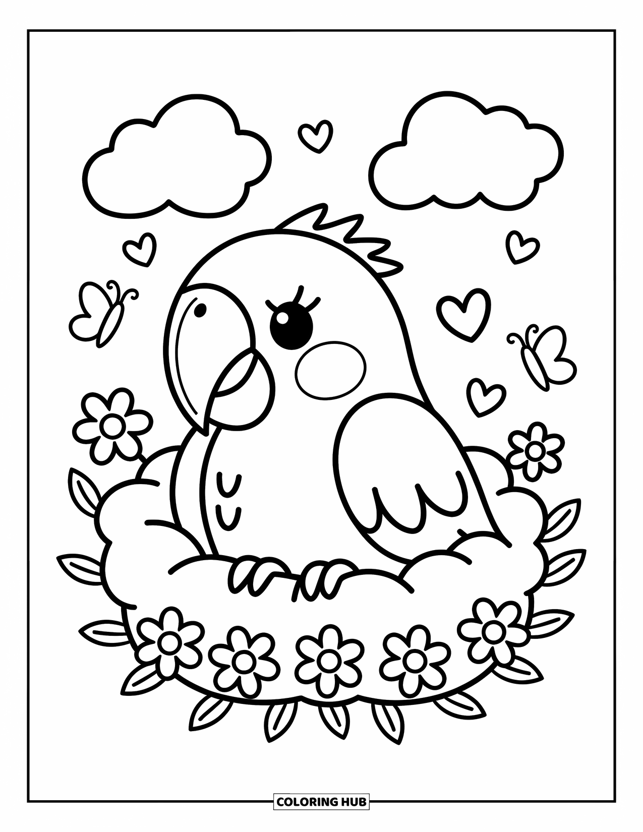 Dibujo para colorear de loro para adultos: Un loro descansa cómodamente en un nido de nubes mientras mariposas y pétalos flotan alrededor