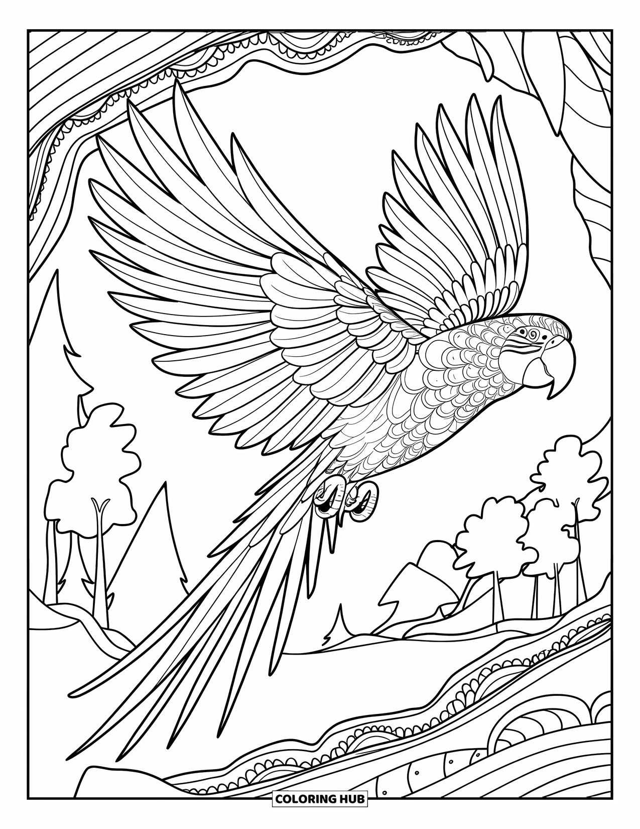 Dibujo para colorear de loro para adultos: Un loro en pleno vuelo se eleva sobre un fondo de árboles y rocas