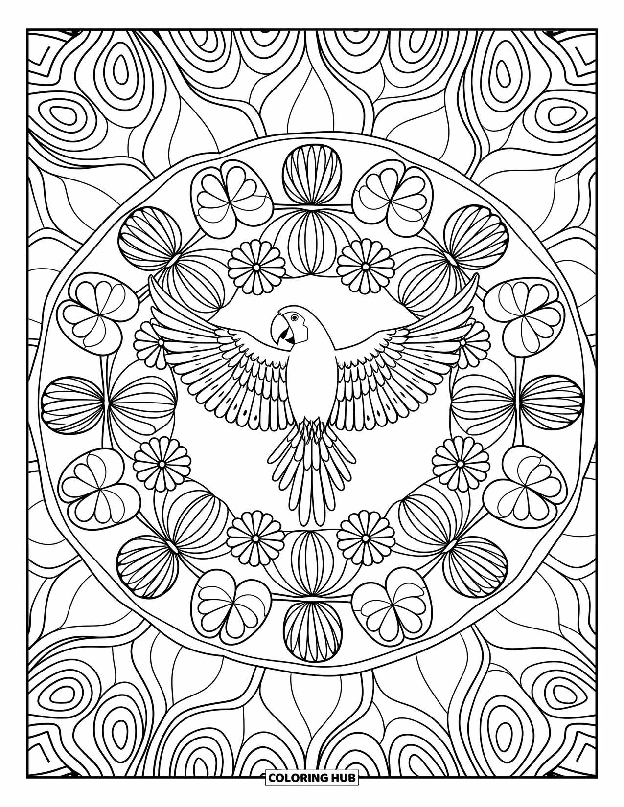Dibujo para colorear de loro para adultos: Un loro dentro de un mandala, rodeado de flores e intrincados diseños geométricos