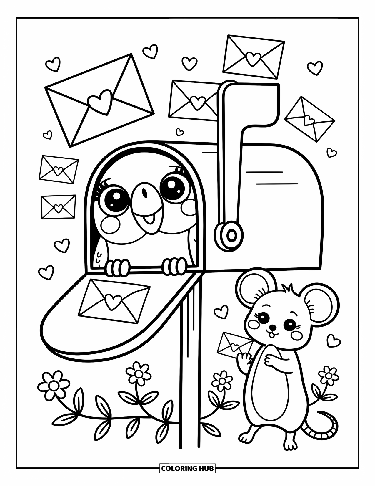 Dibujo de loro para colorear para adultos: Un loro asoma desde un buzón mientras un pequeño ratón ofrece una pequeña carta