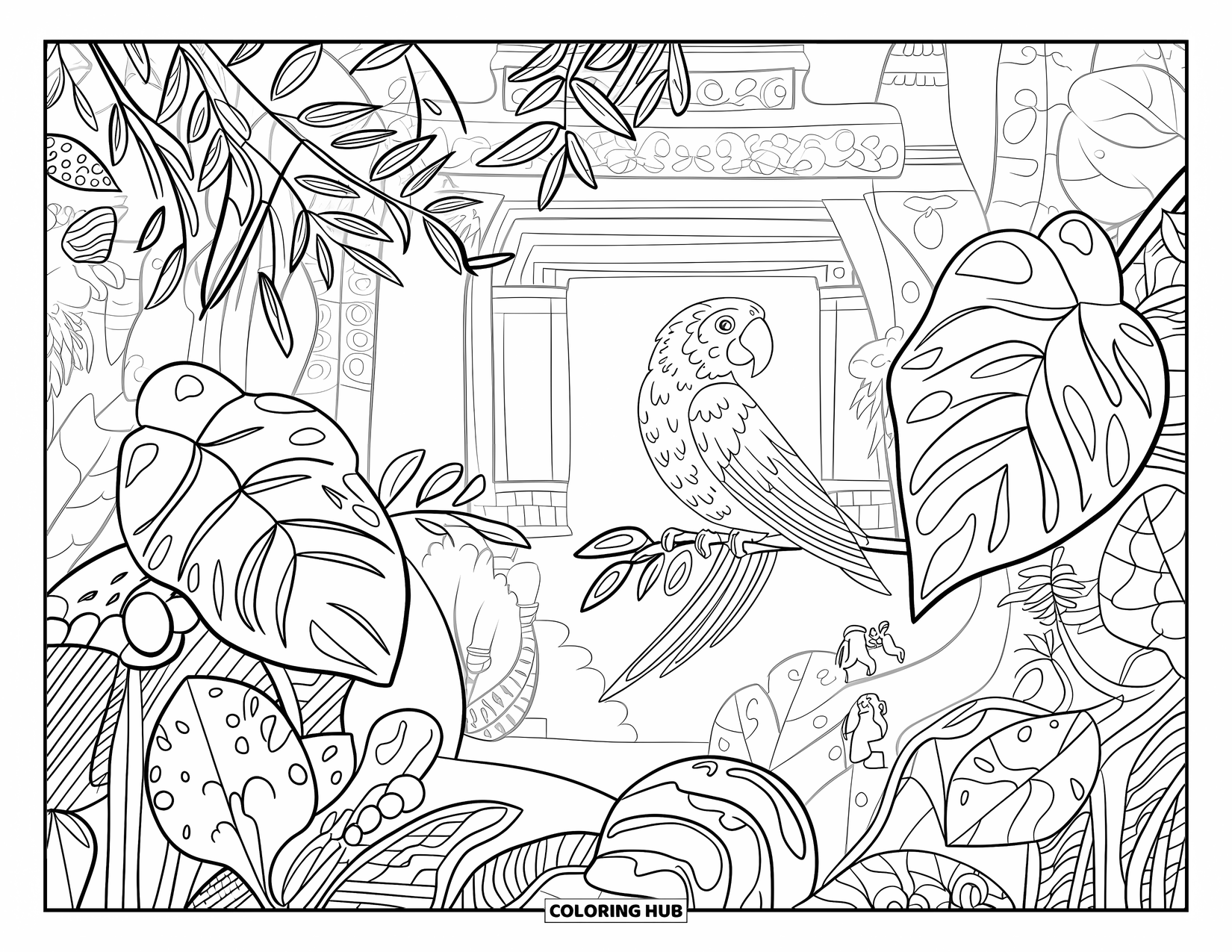 Dibujo para colorear de loro para adultos: Un loro se posa entre plantas exóticas, con un templo oculto al fondo