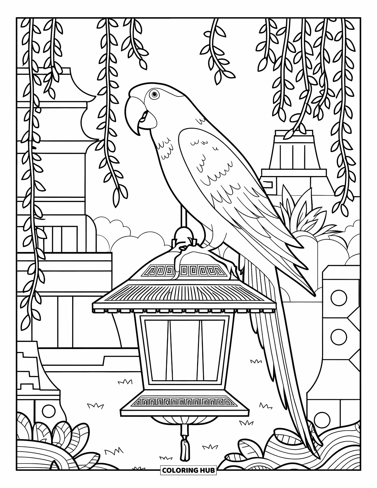 Dibujo para colorear de loro para adultos: Un loro se posa en una linterna decorativa, enmarcado por enredaderas y elementos de piedra