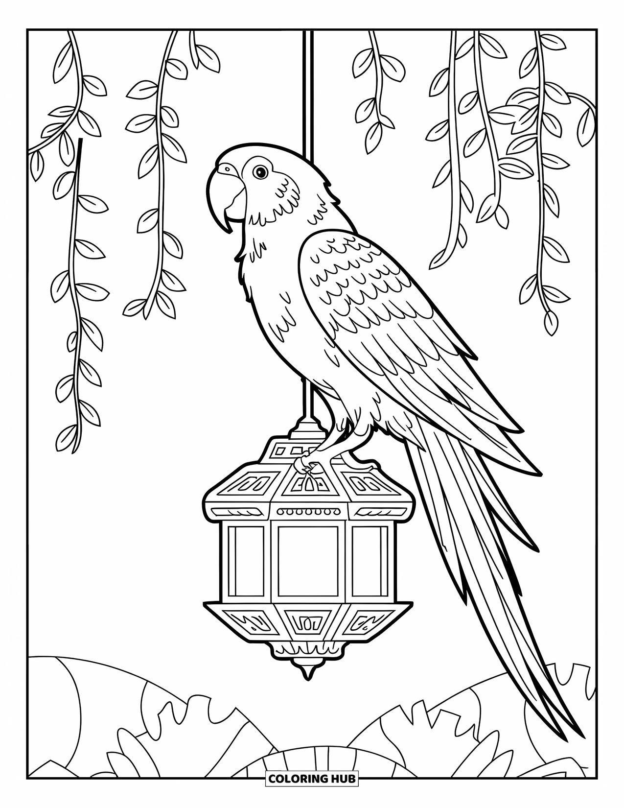 Dibujo para colorear de loro para adultos: Un loro se posa en una linterna ornamentada, rodeado de enredaderas colgantes