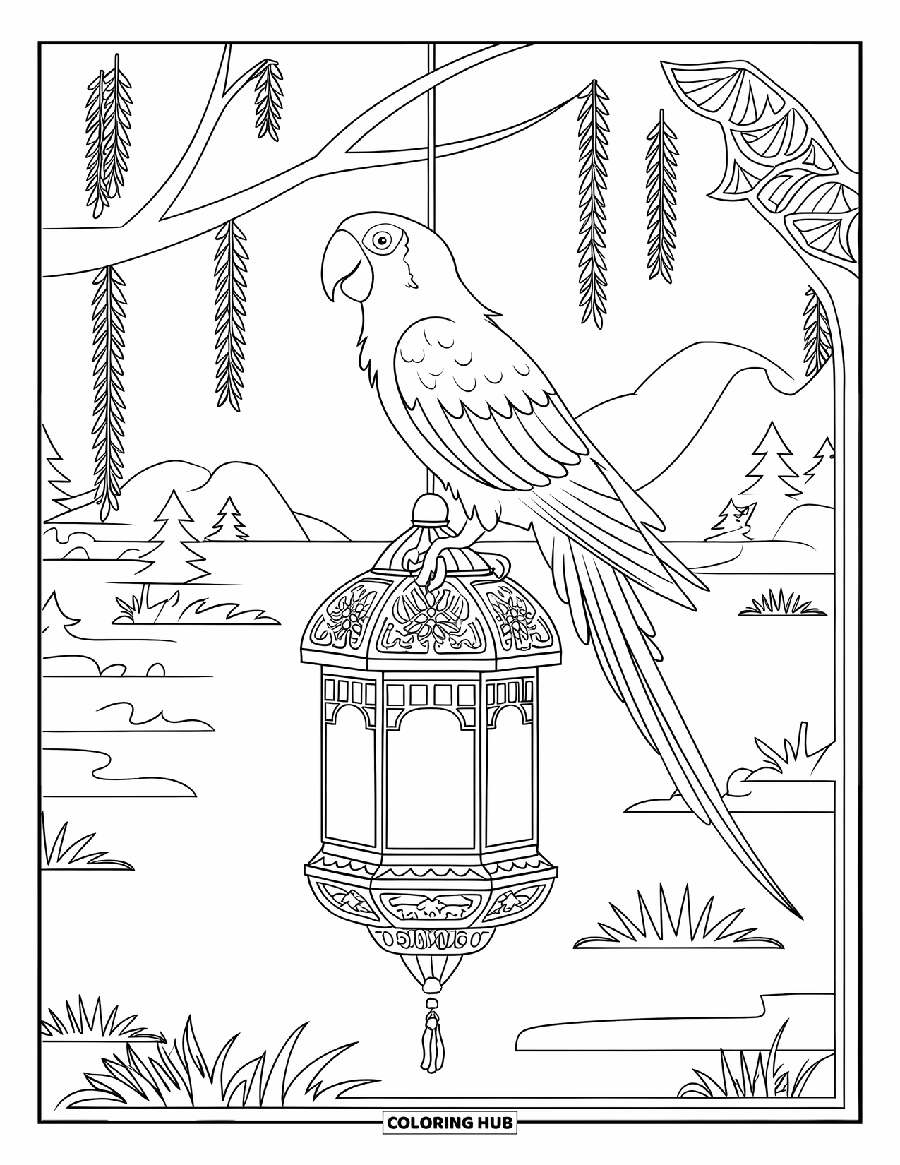 Dibujo para colorear de loro para adultos: Un loro descansa en una linterna que cuelga de una enredadera, con un fondo escénico