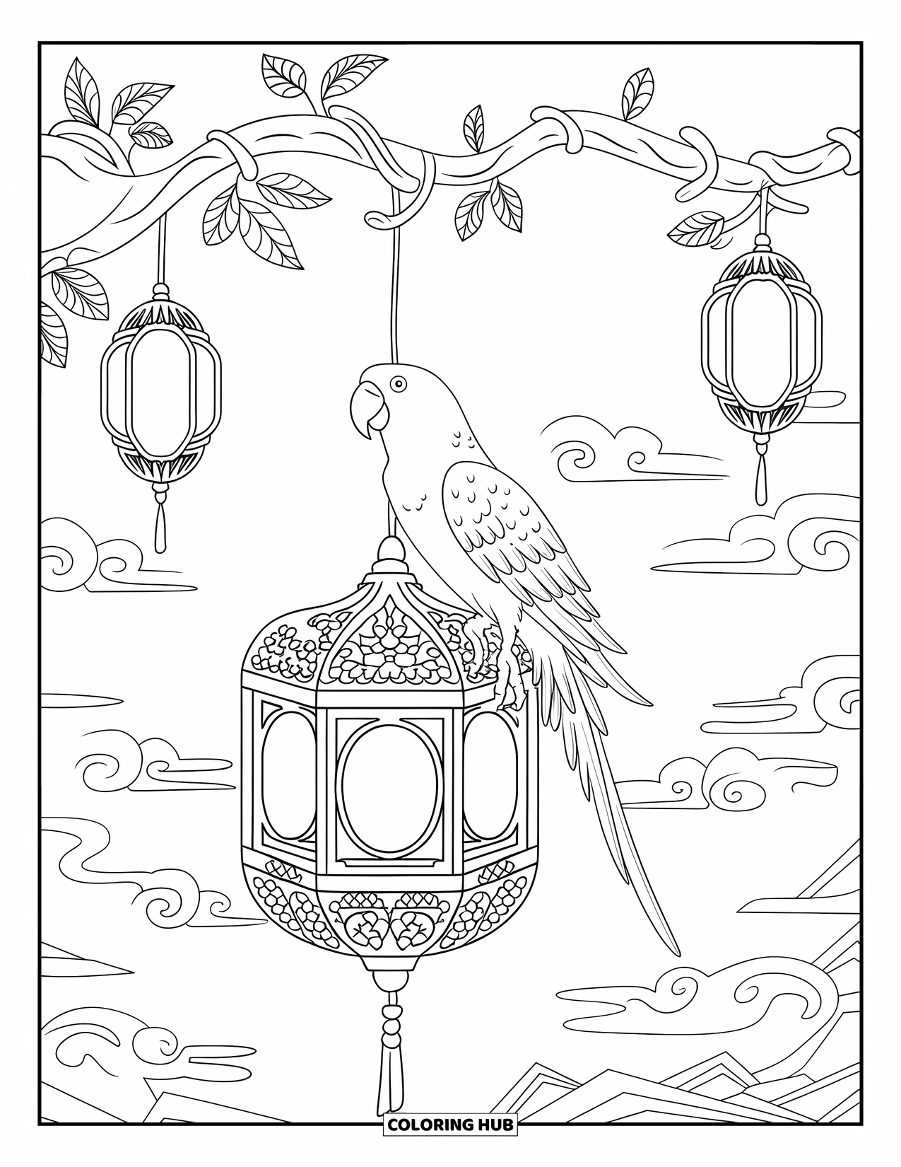 Dibujo para colorear de loro para adultos: Un loro se sienta en una linterna en medio de linternas flotantes, nubes y montañas