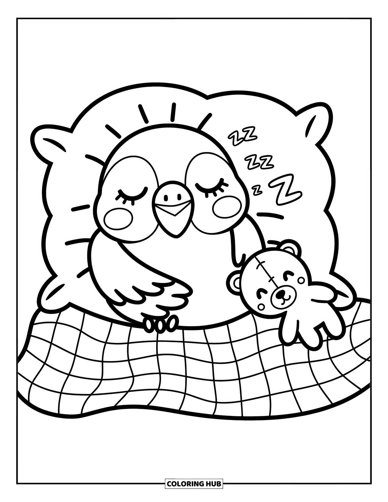 Dibujo para colorear de loro para adultos: Un loro duerme profundamente, acurrucado con una almohada suave y un oso de peluche