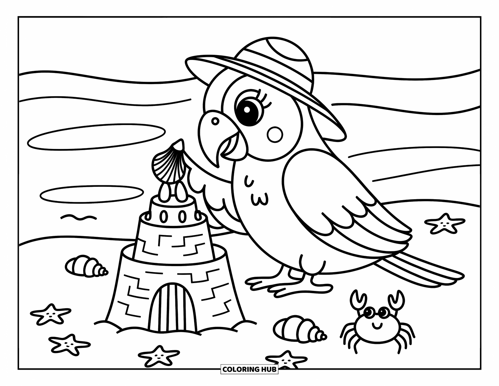 Dibujo para colorear de loro para adultos: Un loro con un pequeño sombrero para el sol coloca cuidadosamente una concha en su castillo de arena