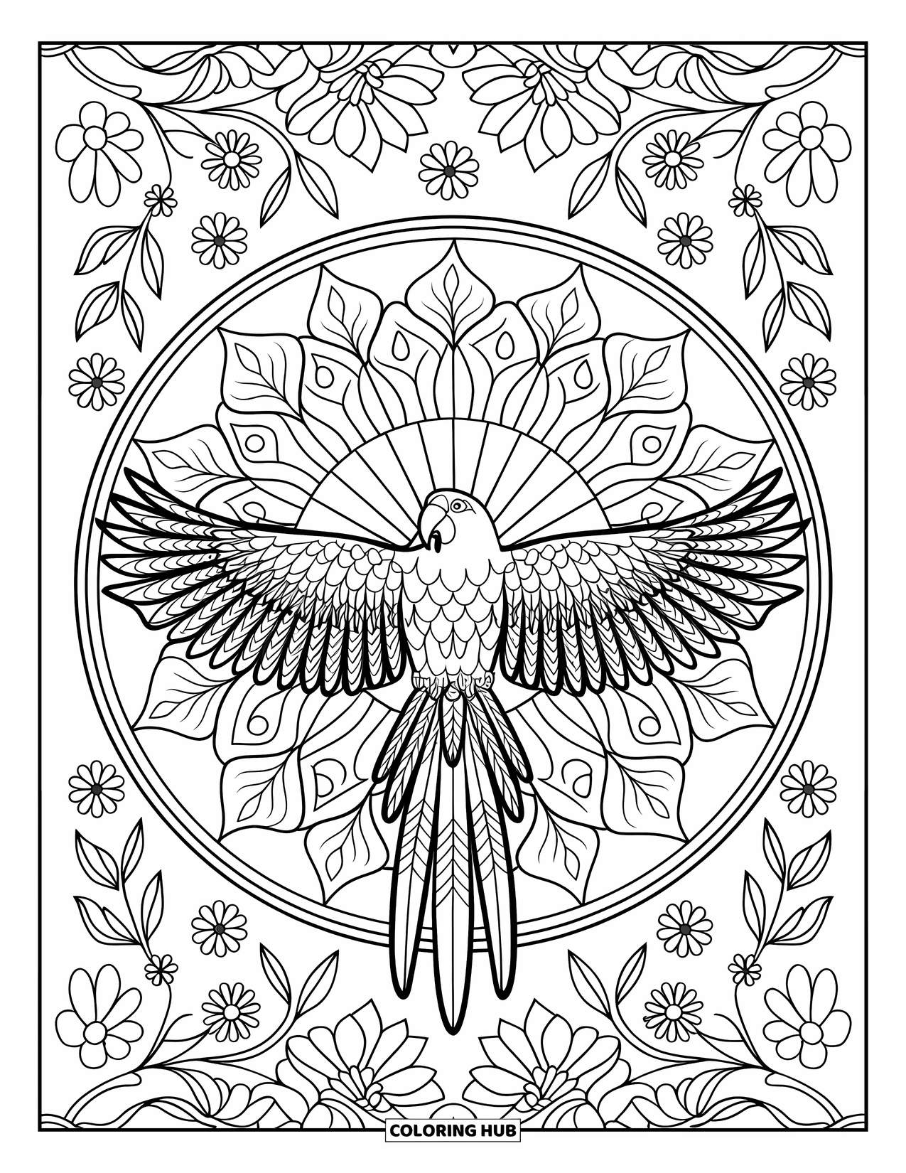 Dibujo para colorear de loro para adultos: Un loro con las alas extendidas es la pieza central de un patrón de mandala decorativo