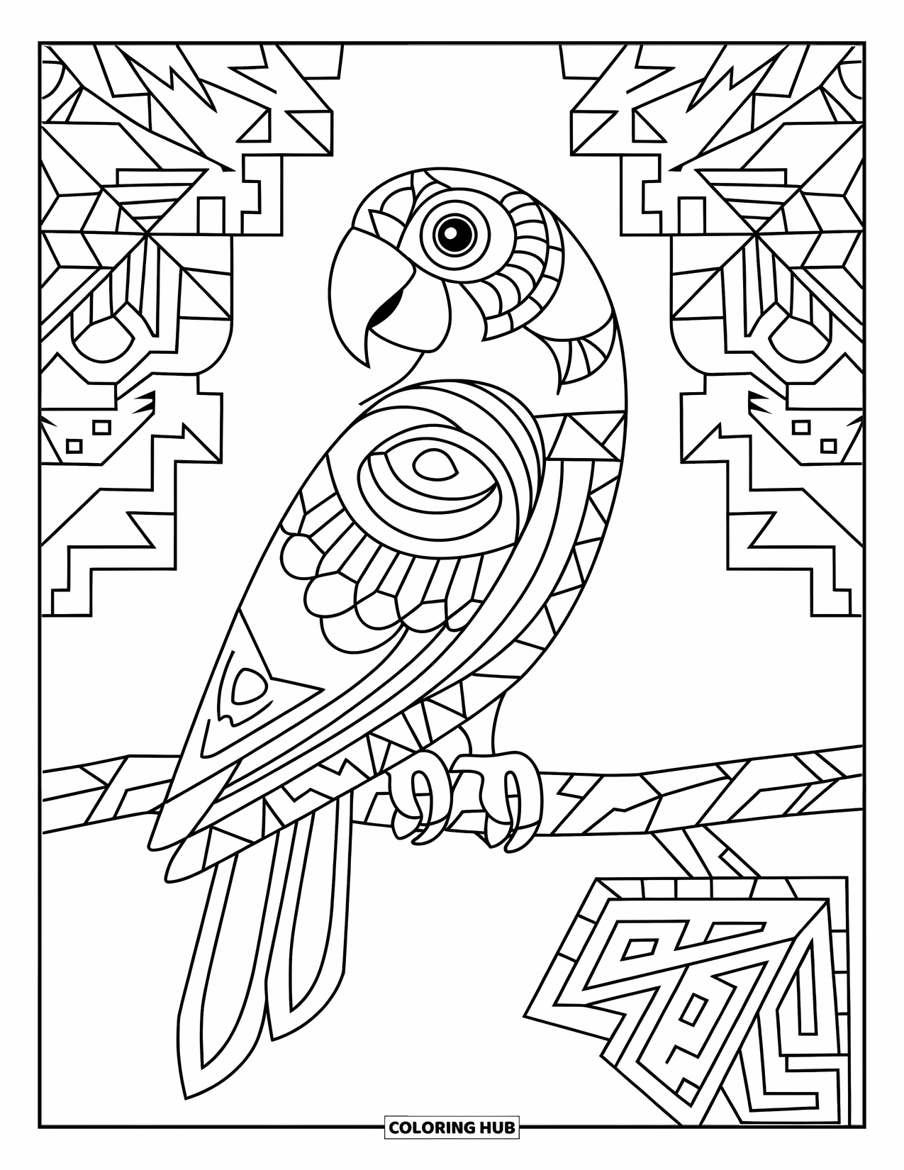 Dibujo para colorear de loro para adultos: Un loro con patrones tribales descansa en una rama, rodeado de detalles geométricos