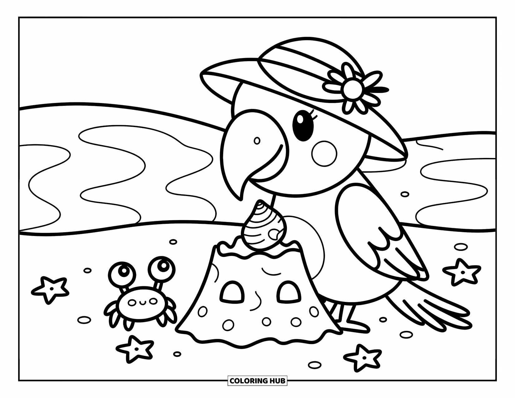 Dibujo de loro para colorear para adultos: Un loro juguetón construye un castillo de arena mientras suaves olas del océano avanzan