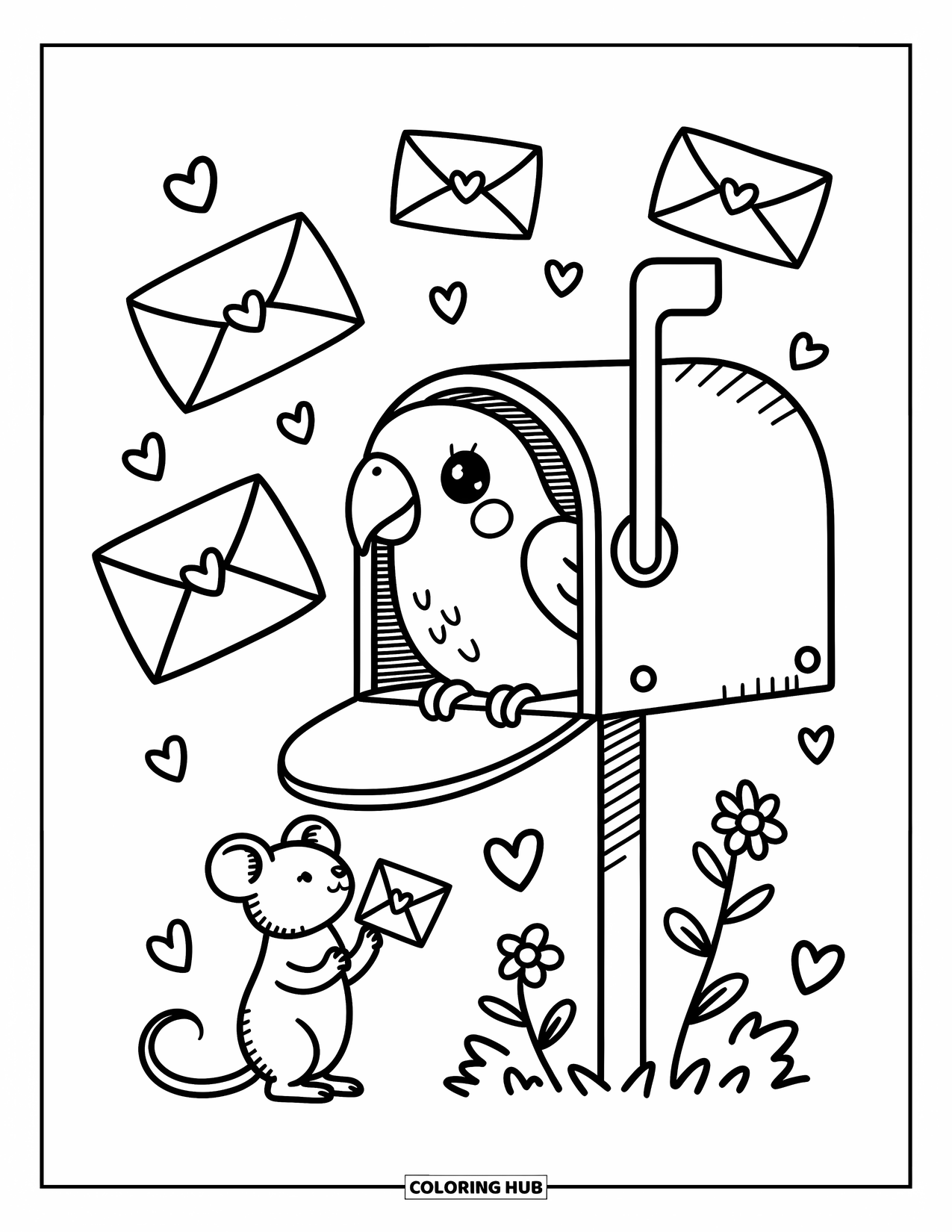 Dibujo para colorear de loro para adultos: Un loro juguetón asoma por un buzón, rodeado de cartas selladas con corazones