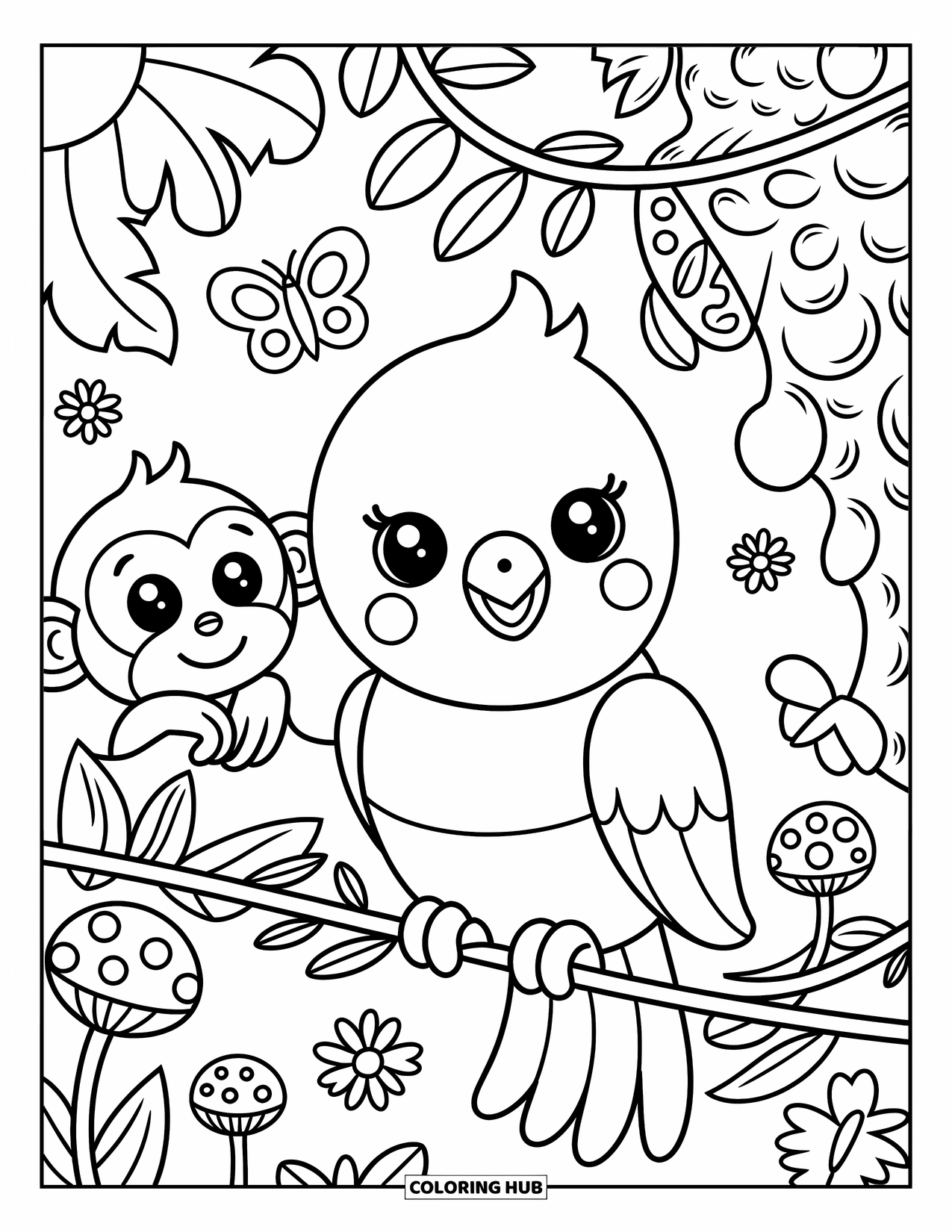 Dibujo de loro para colorear para adultos: Un loro juguetón se sienta en una enredadera mientras un mono amigable y una mariposa observan