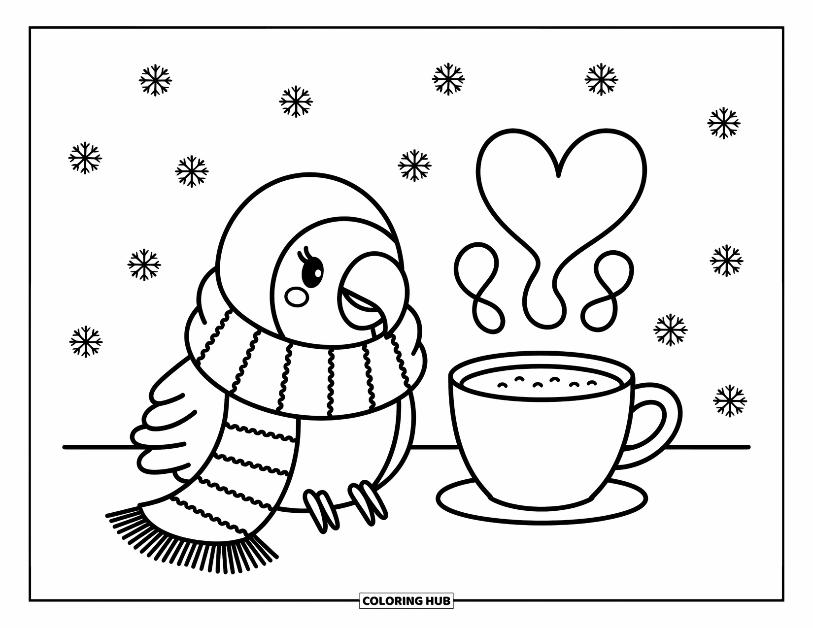 Dibujo para colorear de loro para adultos: Un loro envuelto en una bufanda disfruta de un chocolate mientras caen suavemente copos de nieve