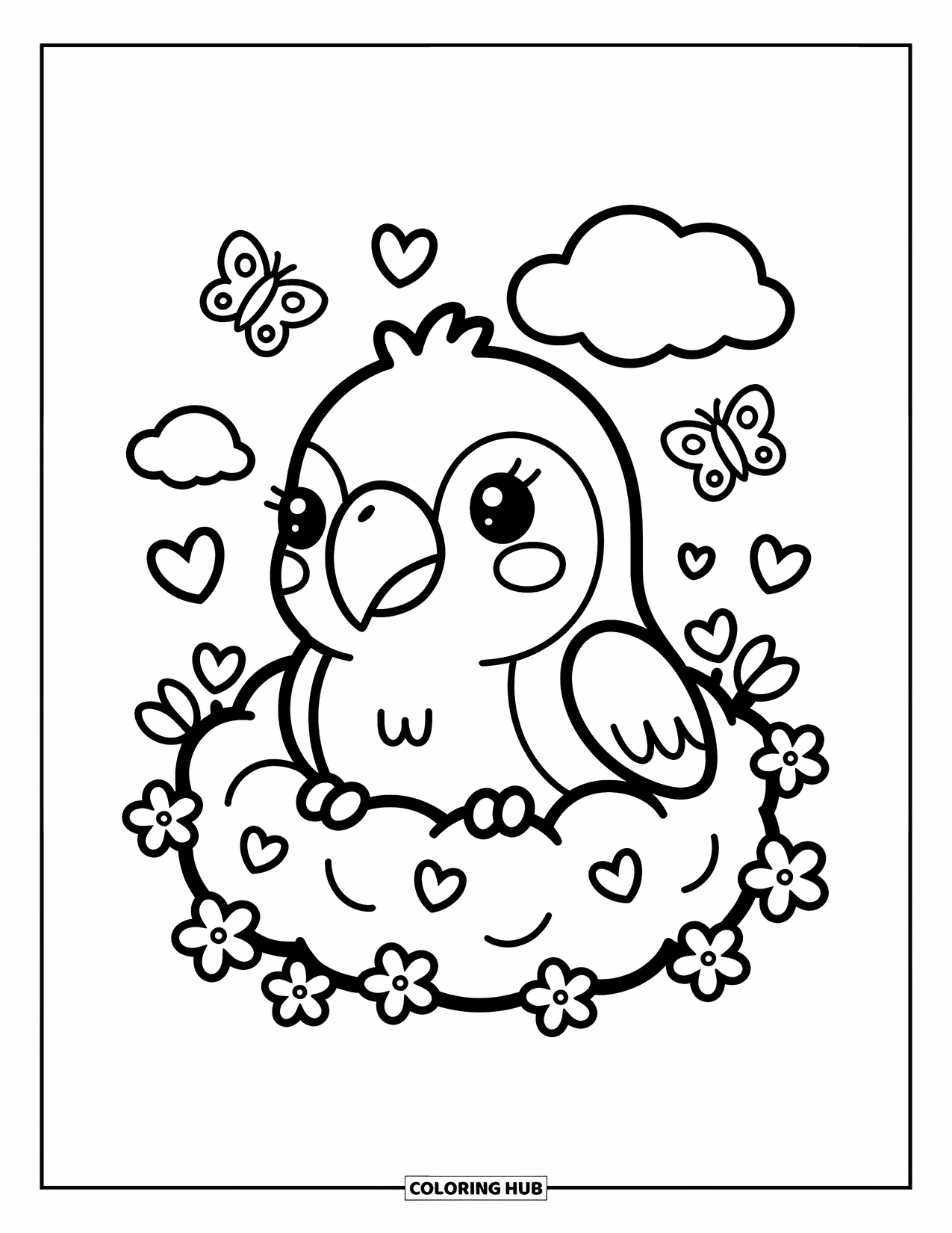 Dibujo para colorear de loro para adultos: Un loro somnoliento descansa en un nido de nubes suaves y flores delicadas