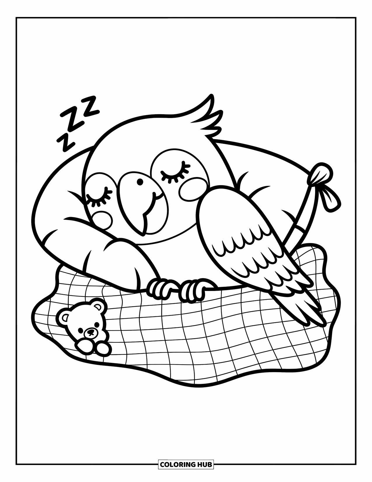 Dibujo de loro para colorear para adultos: Un loro somnoliento se acurruca debajo de una manta cálida con un oso de peluche