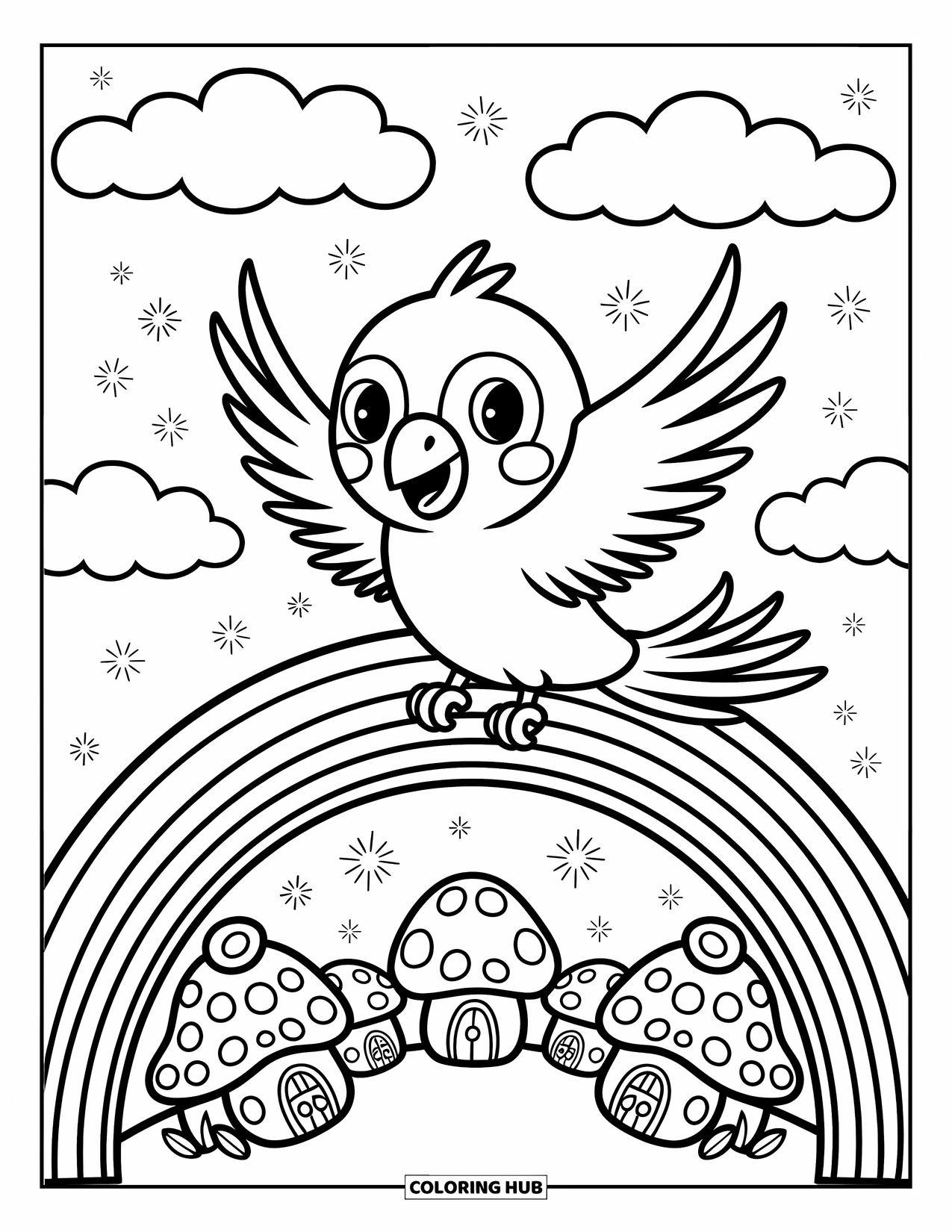 Dibujo para colorear de loro para adultos: Un loro sonriente se eleva sobre un puente de arcoíris, con estrellas parpadeando cerca