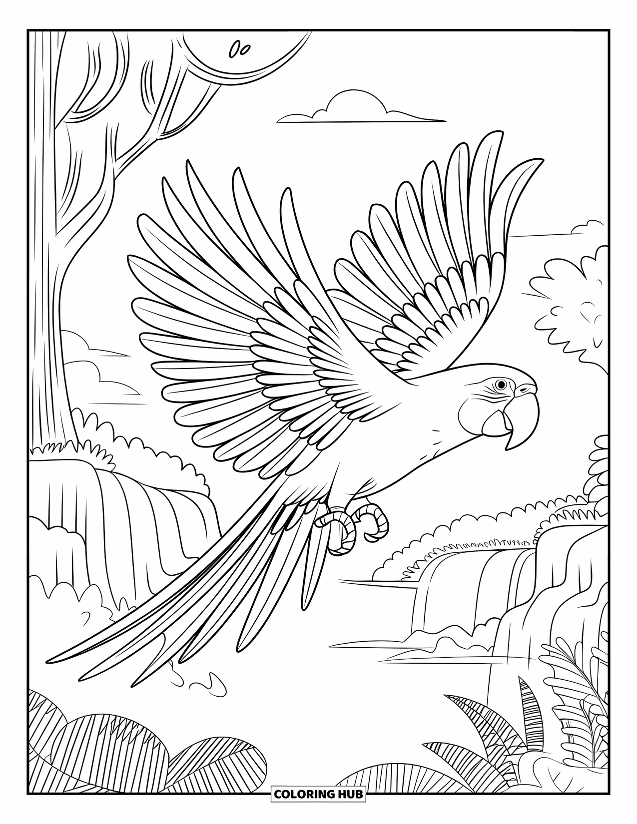 Dibujo para colorear de loro para adultos: Un loro volando con plumas detalladas vuela sobre montañas y cascadas