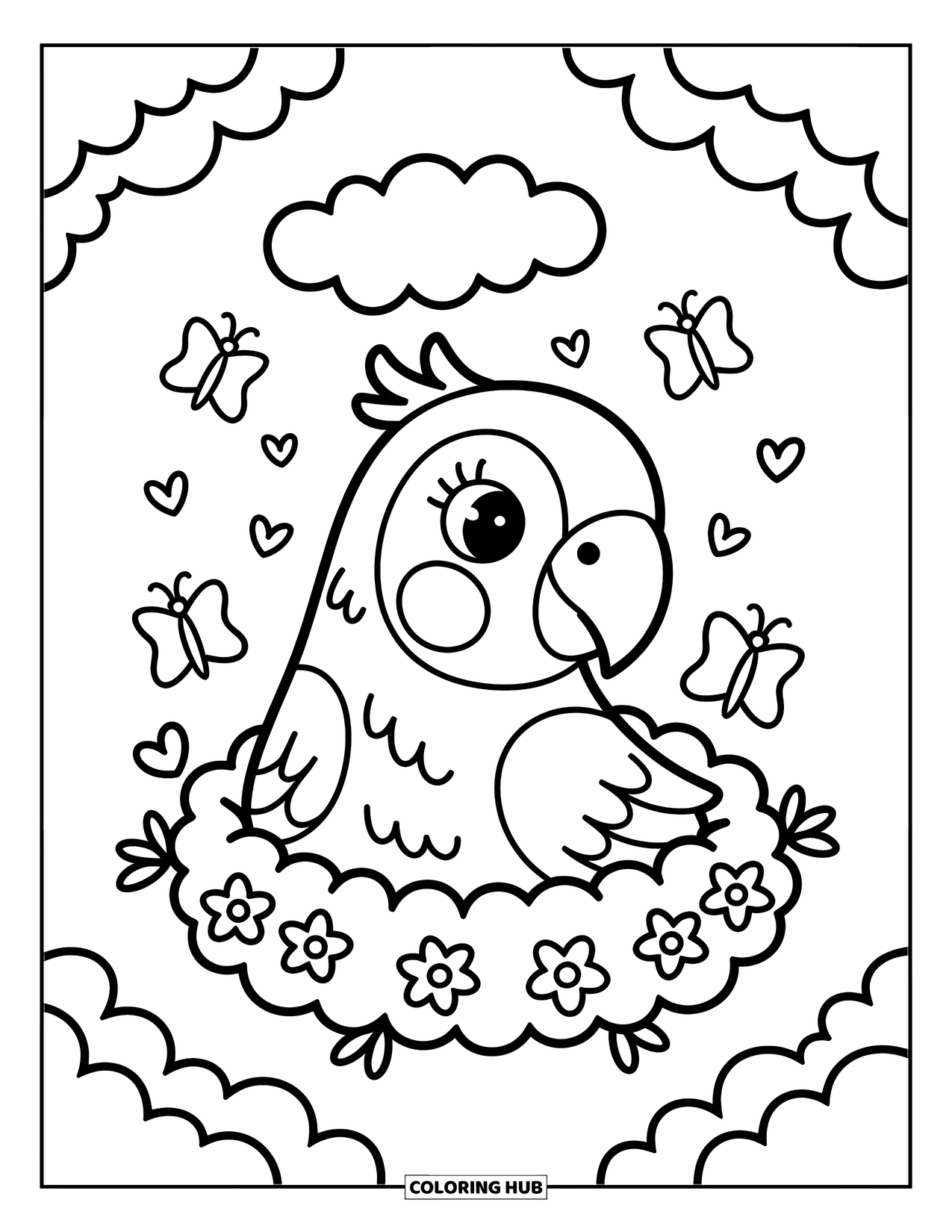 Dibujo de loro para colorear para adultos: Un loro dulce se acurruca dentro de un nido de nubes esponjosas, rodeado de flores