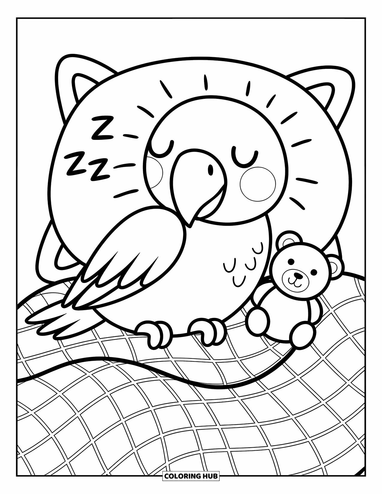 Dibujo para colorear de loro para adultos: Un pequeño loro se queda dormido bajo una manta, con “Zzz” flotando cerca